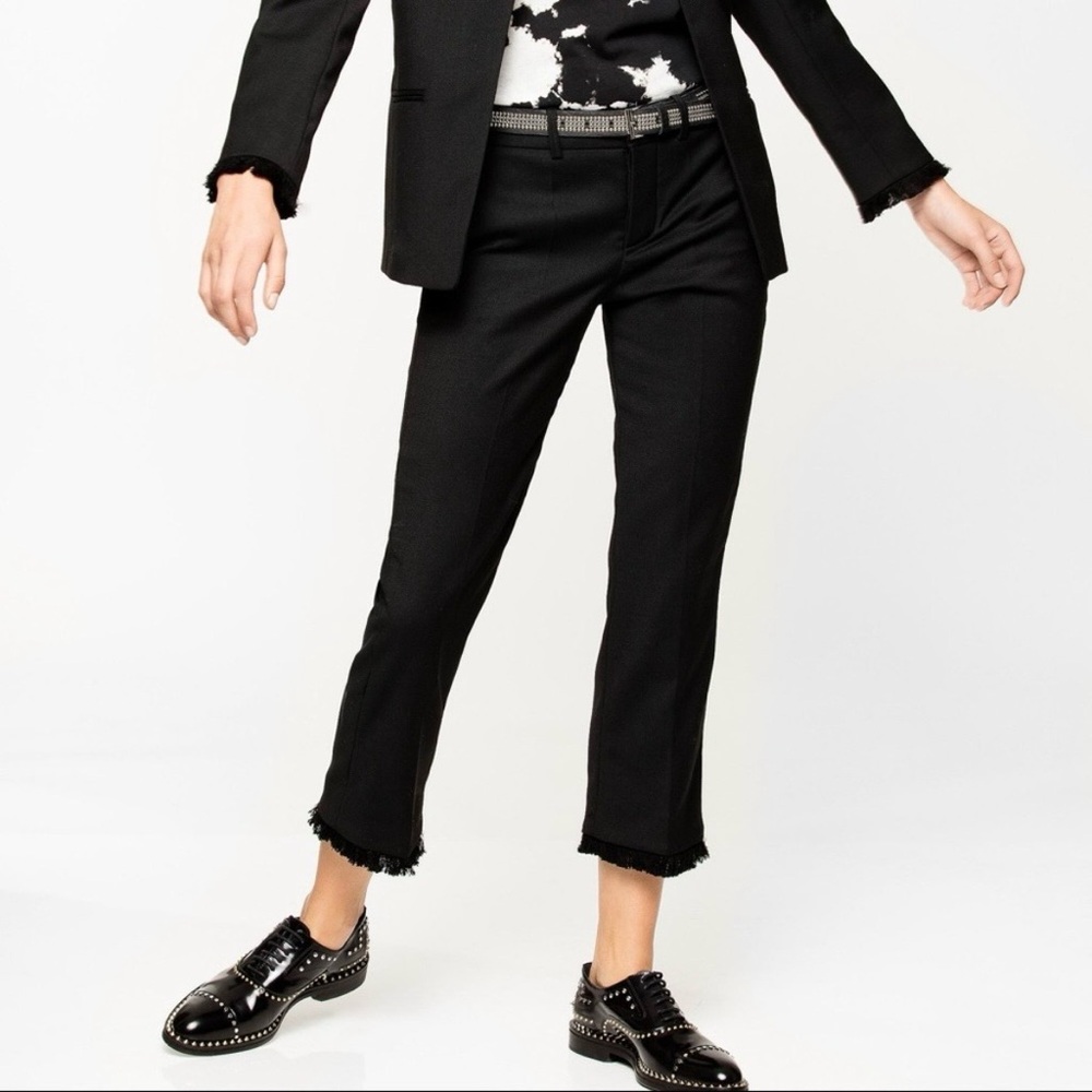 Zadig & Voltaire Fringe Hem Pants BLK SZ 34/XS Wool Blend Cropped Minimalist - Picture 3 of 14